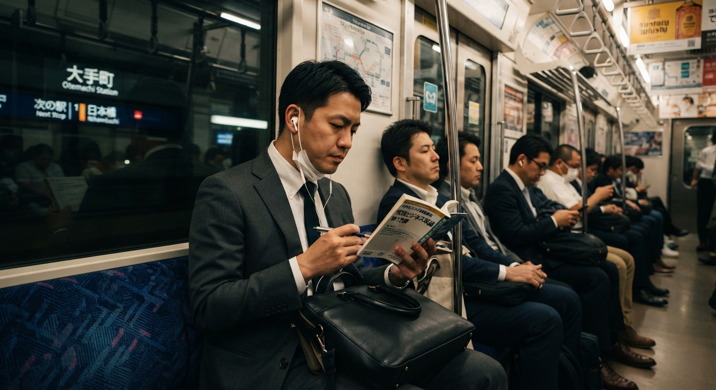 退勤中の地下鉄乗車中イヤホンでリスニングをやるサラリーマン